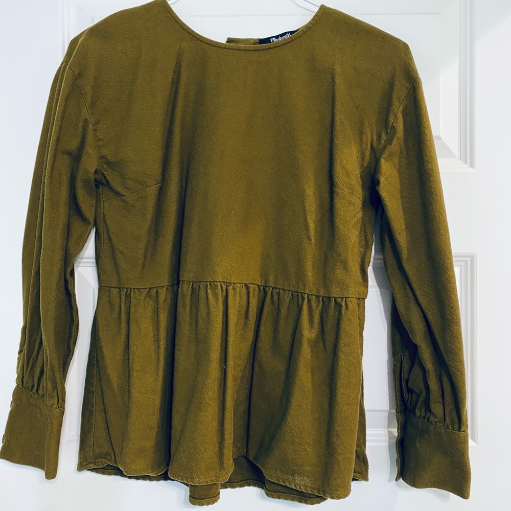 Madewell Flannel Button-Back Long Sleeve Peplum Shirt Cuff Sleeve Caramel Color